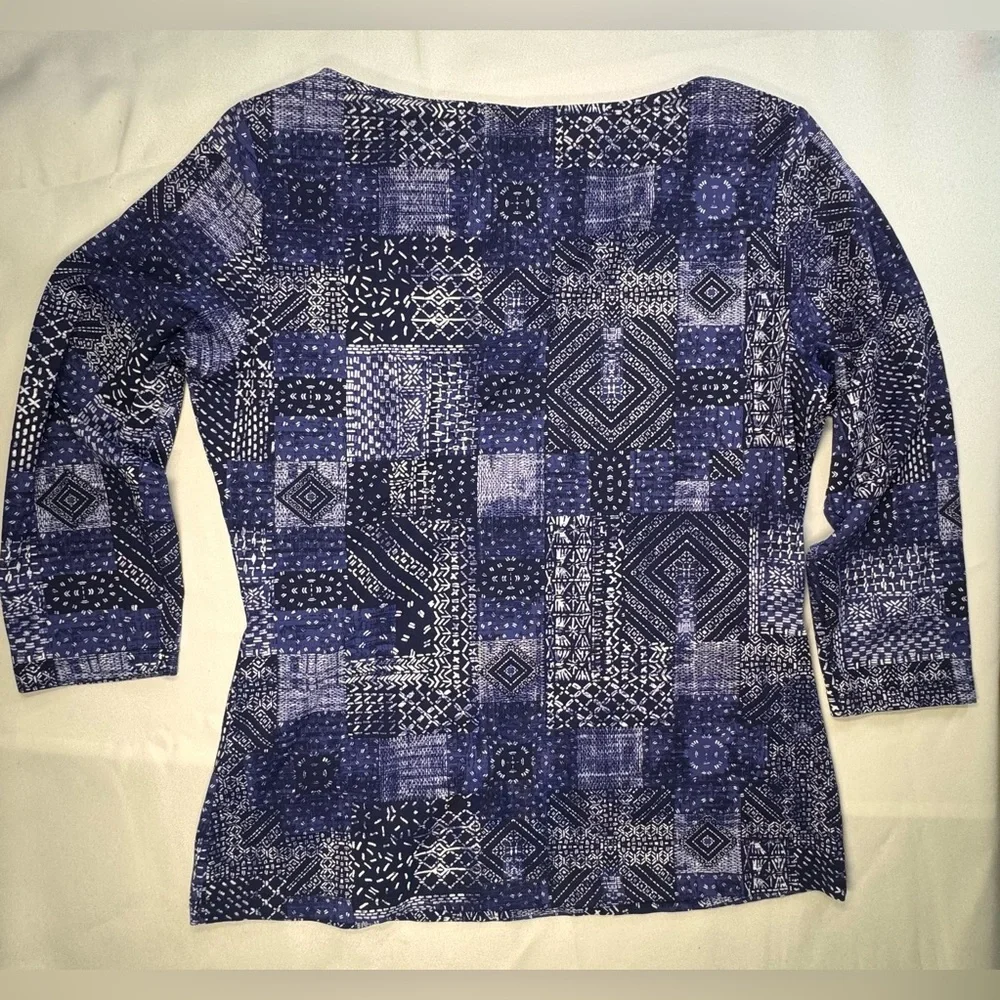 J. McLaughlin Navy Patchwork Print 3/4 Sleeve Top- Medium - Picture 2 of 7
